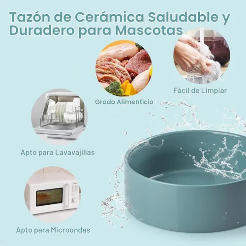 Vista 5 de SPUNKYJUNKY Cuencos elevados de cerámica para perros, 5.1 pulgadas, para comida de perros y gatos, cuencos elevados con soporte de bambú Verde oscuro