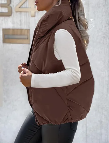 Vista 2 de MEROKEETY Chaleco acolchado sin mangas con cremallera para mujer, con cuello alto, con bolsillos