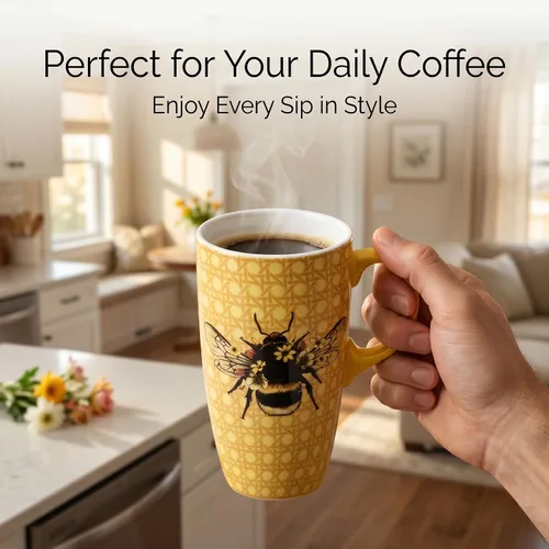 Vista 5 de DUSVALLY Taza de cerámica grande Taza de café alta Tazas de viaje de porcelana Taza de café con tapa de 17 onzas, Abeja