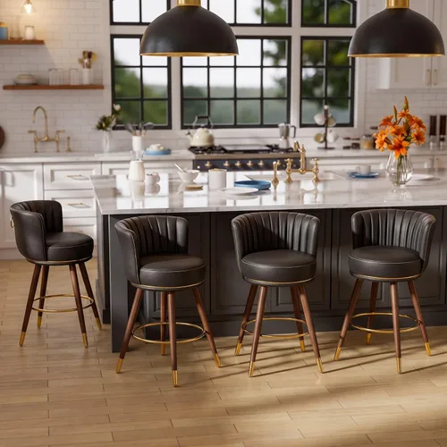 Vista 12 de SeekFancy - Juego de 2 taburetes de bar giratorios de cuero negro de 24 pulgadas Upholstered pleated backs, wood legs, gold footrests, 300lbs