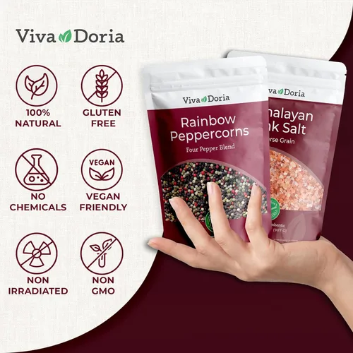 Vista 4 de Viva Doria Mezcla de granos de pimienta arcoíris de 12 onzas y sal rosa del Himalaya, grano grueso, 2 libras, granos de pimienta entera mezclados