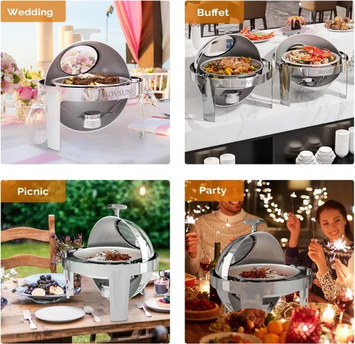 Vista 2 de ROVSUN Juego de bufé de platos de roce con tapa enrollable, 6 cuartos de galón de acero inoxidable redondo para catering, servidores de buffet