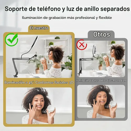 Vista 3 de TONOR Kit de luz de anillo superior, luz de anillo de 10 pulgadas con brazo de pluma Heayy Duty y soporte para teléfono, ángulo ajustable, adecuado