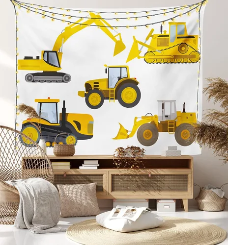 Vista 8 de Lunarable Tapiz de dibujos animados, inspirado en la animación, dibujo de maquinaria pesada, impresión de excavadora, decoración de tela para colgar