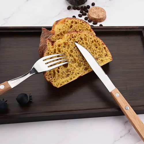 Vista 3 de Juego de cubiertos de madera de acero inoxidable 304 con mango ancho, juego de cubiertos de madera duradera, utensilios reutilizables, espejo