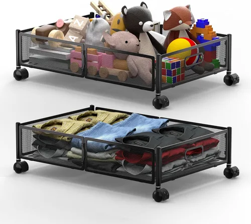 Vista 12 de Almacenamiento debajo de la cama con ruedas, contenedores de almacenamiento plegables de metal debajo de la cama, almacenamiento bajo la cama de 60