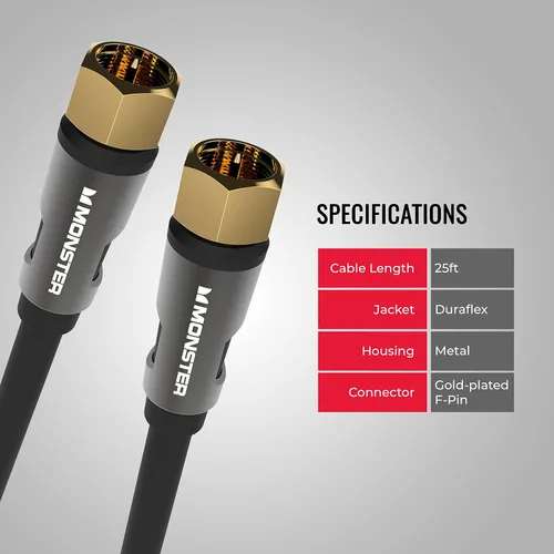 Vista 7 de Monster Essentials - Cable coaxial RG-6 con conector de cable coaxial F-Pin chapado en oro, cable de Internet de alta velocidad con cubierta