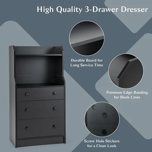 Vista 6 de GOFLAME Cómoda de 3 cajones con estante, organizador de almacenamiento moderno de 44 pulgadas de alto con diseño antiinclinación, cómoda
