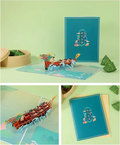 Vista 5 de Tarjeta de felicitación del festival de barcos del dragón chino, tarjetas de papel emergentes 3D con sobre para fiesta de Año Nuevo, regalo del día