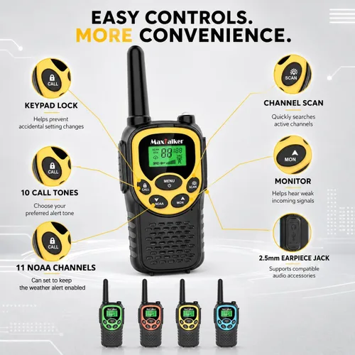 Vista 9 de Walkie Talkies - Paquete de 4 radios bidireccionales recargables FRS de Verde/Azul/Amarillo/Naranja