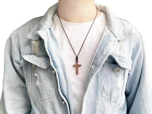 Vista 2 de Xianli Wang Collar con colgante de cruz de madera de nogal natural para hombres mujeres niños niñas niños adolescentes collar de regalo de madera