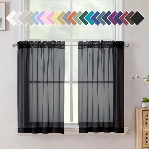 Vista 9 de Aiyufeng 2 paneles de cenefa transparente negra de 14 pulgadas de largo, cortinas cortas negras transparentes para dormitorio, cortinas de cocina