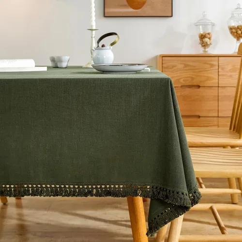 Vista 8 de AmHoo - Mantel de lino con borlas y bordado rectangular decorativo para mesa natural para cocina, comedor, buffet de boda, 55 x 55 pulgadas, negro