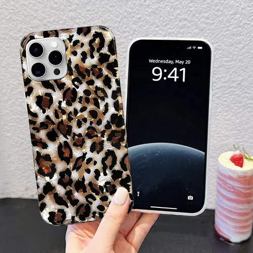 Vista 6 de J.west - Funda compatible con iPhone 15 Pro Max de 6.7 pulgadas, elegante y transparente, con estampado de leopardo y guepardo, diseño nacarado