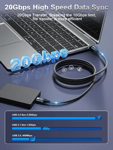 Vista 5 de Cable Corto USB C para Monitor 1 Pie - 8K@60Hz Cable de Video USB-C - Carga Rápida PD 100W - Transferencia de Datos USB 3.2 Gen 2 20Gbps, Cable
