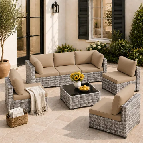 Vista 19 de Juego de 7 muebles de patio al aire libre, sofá seccional al aire libre, muebles de mimbre para patio, juego de conversación de patio con mesa
