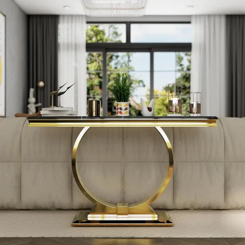 Vista 3 de ACEDÉCOR Mesa consola dorada, mesa de entrada de mármol sintético negro de lujo de 50 pulgadas con base de acero inoxidable en forma de U dorada