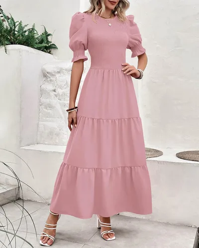 Vista 26 de BTFBM Vestidos para mujer, cuello redondo, casual, de verano, con volantes, manga corta, bohemio, con niveles, fruncido, largo, con estampado floral
