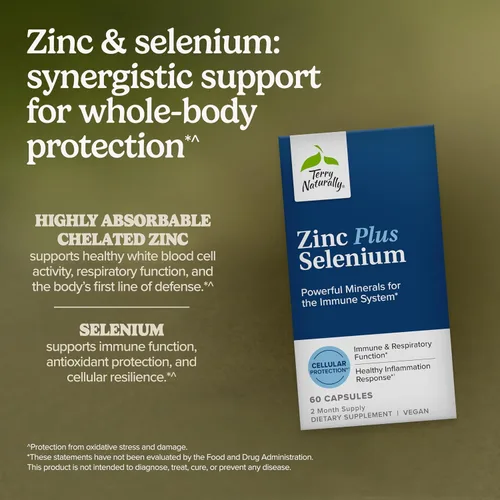 Vista 3 de Terry Naturally Zinc Plus Selenio - Suplemento de salud inmune y respiratoria - Suplemento mineral con quelato de bisglicinato de zinc - Fórmula