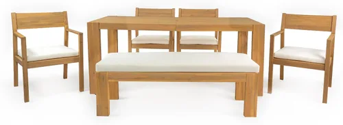 Vista 7 de RUNNA Juego de mesa de comedor de 6 piezas, juegos de muebles de exterior con agujero para paraguas, mesa rectangular de 71 pulgadas, sillas y banco