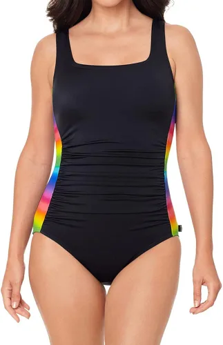 Vista 2 de Reebok Traje de baño para mujer con arco iris y rayas, panel lateral, cuello redondo, suave, copa suave, traje de baño de una pieza, multicolor, 08