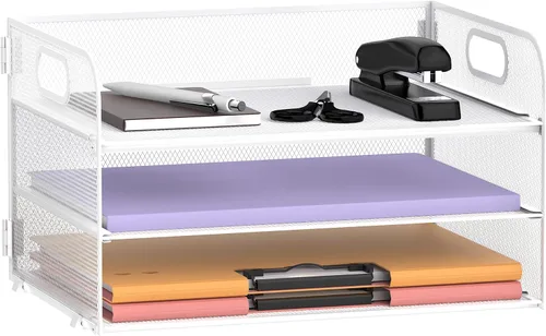Vista 7 de Supeasy Organizador de papel de 3 niveles con asa, organizador de escritorio de malla, bandeja de cartas, bandeja de papel organizador de archivos