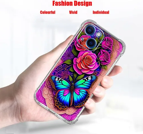 Vista 2 de Funda para iPhone 13 Pro Max, protección contra caídas de flores de mariposa azul, rosa, a prueba de golpes, carcasa protectora de cuerpo completo