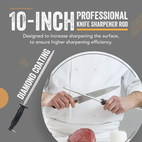Vista 4 de Top Chef - Varilla para cuchillos de 10 pies + protector de cuchillo de acero para afilar Varilla profesional de acero al carbono y bolsa