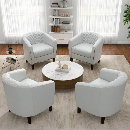 Vista 35 de Pia Ricco Silla de Acento Tipo Barril de Cuero Sintético, Silla de Club Moderna con Brazos, Cómoda Silla Individual Tapizada con Patas de Madera