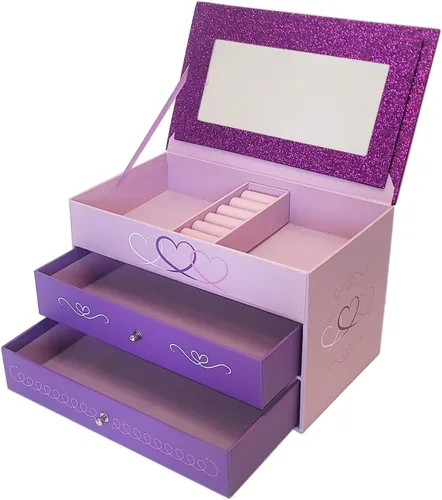 Vista 4 de Joyero morado con purpurina para niñas con espejo y compartimentos, 8.5 x 5 x 5 pulgadas