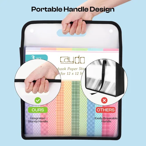 Vista 5 de Caydo Organizador de papel para álbum de recortes, paquete de 3 folios de papel expandible negro con asa, almacenamiento de papel portátil
