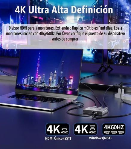 Vista 2 de Adaptador USB C a 3 × HDMI Divisor HDMI 4K60Hz Pantalla extendida Hub MST de 1 en 3 salidas con PD de 100 W para múltiples monitores convertidor