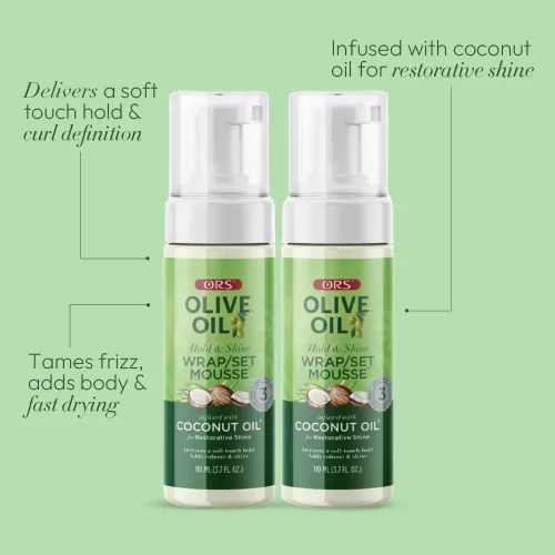 Vista 4 de ORS Set de envoltura de aceite de oliva Hold & Shine Mousse infundida con aceite de coco, 3.7 onzas (paquete de 2)