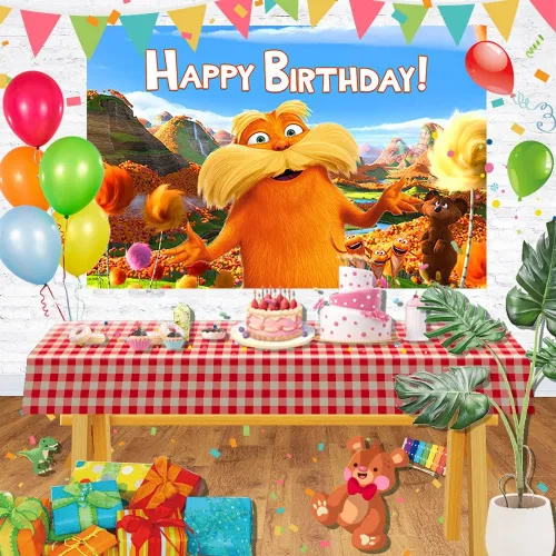 Vista 2 de The Lorax - Telón de fondo para fiesta, suministros para fiestas de cumpleaños con temática de Dr. Seuss, fondo para fotos, decoración de pasteles