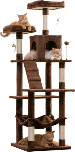 Vista 12 de MWPO - Árbol para gatos, multiestructura para gatos grandes con postes rascadores de sisal, plataforma acolchada, hamaca y condominio, torre Beige