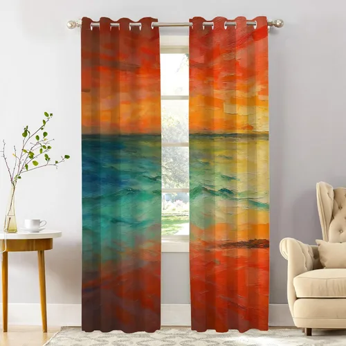 Vista 22 de Shrahala Beige and Orange Abstract Art Brushstrokes Blackout Curtain Tiers, Abstract Oil Paint Kitchen Valance Light Blocking Tier Drapes with Rod