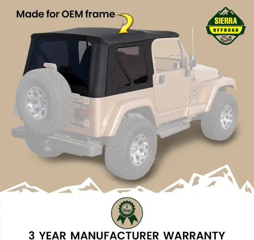 Vista 6 de Revestimiento superior estilo de fábrica Sierra Offroad para Jeep Wrangler TJ (1997-2002), funda blanda con vidrios polarizados, sin puertas Negro