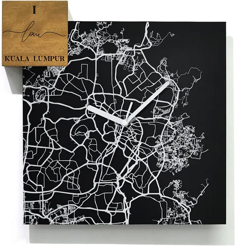 Vista 15 de Modern Wall Clock - Black Aluminum with Silver Fiber Laser Engraving - Square - Contemporary Design - Personalized City Map - Home Town - Location