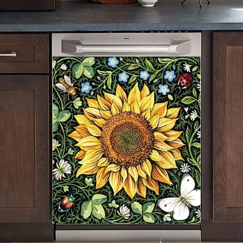 Vista 8 de Adhesivo para cubierta de lavavajillas con diseño de girasoles de granja, panel de calcomanías para nevera, funda de vinilo estilo granja, ordinario