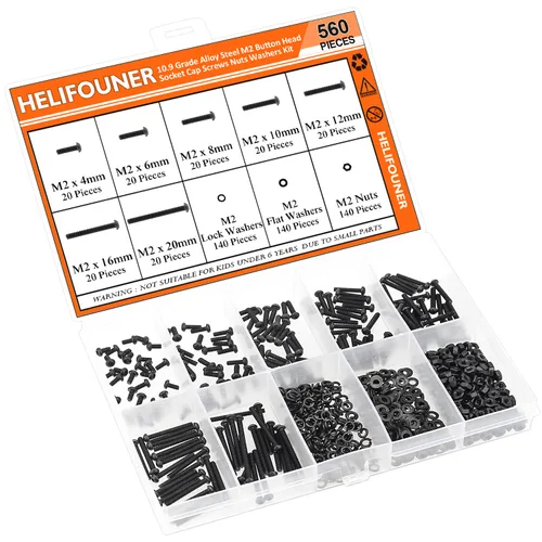 Vista 7 de HELIFOUNER 560 Piezas M2 x 4 mm / 6 mm / 8 mm / 10 mm / 12 mm / 16 mm / 20 mm, Kit de Tornillos de Cabeza de Botón con Arandelas y Tuercas, Acero