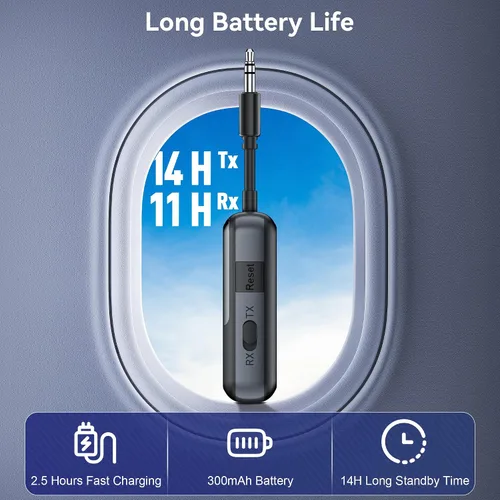 Vista 2 de Adaptador de transmisor Bluetooth 5.3 para avión Receptor transmisor de audio inalámbrico Bluetooth 2 en 1 para conectores auxiliares de 0.138 in