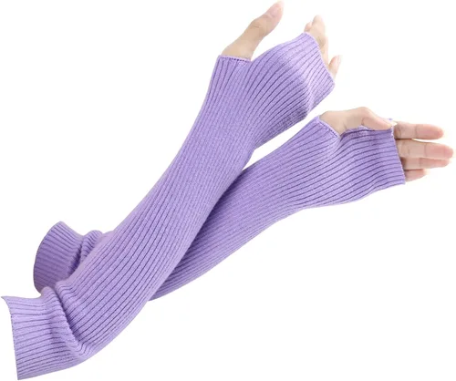 Vista 45 de Facecozy Calentadores de brazos para mujer, mezcla de lana de cachemira, guantes largos sin dedos para mujer, guantes para clima frío con agujero