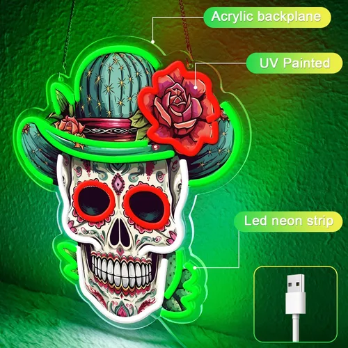 Vista 2 de Letrero de neón del Día de los Muertos, luz de neón LED de calavera de azúcar mexicana para decoración del hogar y bar, arte impreso UV con tira LED