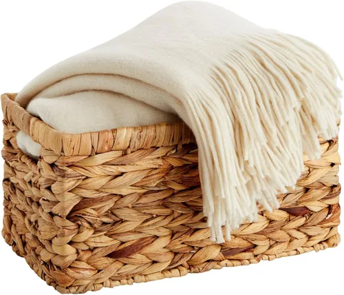 Vista 6 de Juvale Cesta rectangular pequeña de mimbre, cesta de jacinto de agua tejida a mano, se adapta a estantes de almacenamiento estándar, paquete de 2