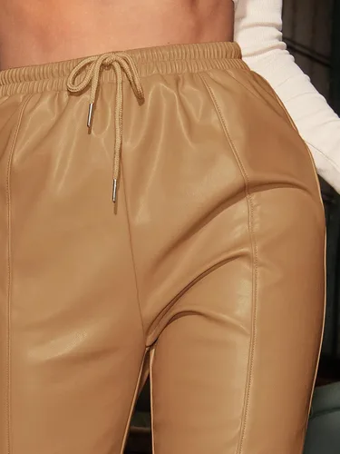 Vista 4 de MakeMeChic Pantalones de piel sintética con cordón de cintura alta para mujer