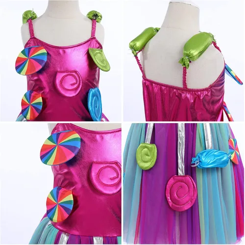 Vista 5 de Disfraz de caramelo de arcoíris para niñas, vestido tutú de princesa caramelo con aro para el pelo, cumpleaños, fiesta de Halloween