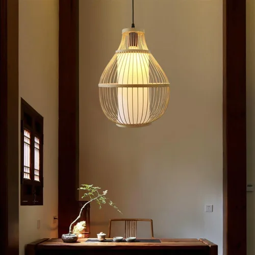 Vista 3 de Lámpara colgante de linterna tejida de bambú retro de granja, lámpara colgante rústica antigua Celing para restaurante, sala de estar, lámpara