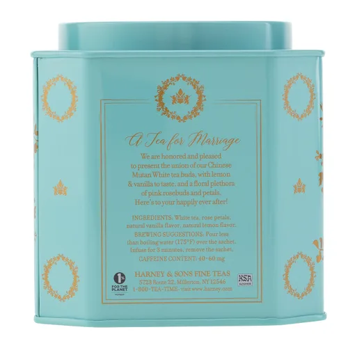 Vista 4 de Harney & Sons Té de boda, té para matrimonio, lata de 30 unidades Té blanco con sabores a vainilla, limón y rosa. Contiene cafeína.