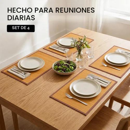 Vista 6 de Juego de 4 manteles individuales de bambú, resistentes al calor, para mesa de comedor, manteles individuales de bambú duraderos, resistentes a