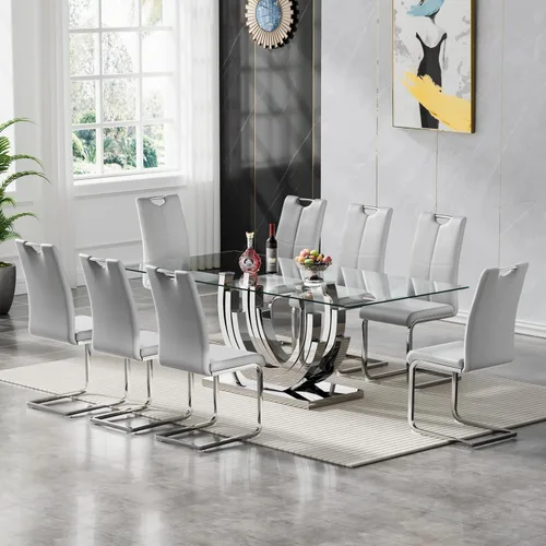 Vista 22 de Juego de mesa de comedor de vidrio de 70 pulgadas para 4, mesa rectangular de cristal dorado con 4 sillas de piel sintética, juego de mesa de Mesa
